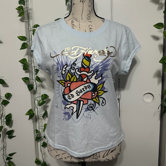 Ed Hardy Women's Short Sleeve Tee - Light Blue with Multicolor Graphic - Picture 1 of 3